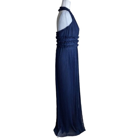 JS Collections Dark Blue Pleated Mesh Halter Maxi Gown Formal Prom Women's Sz 6 - Picture 8 of 13
